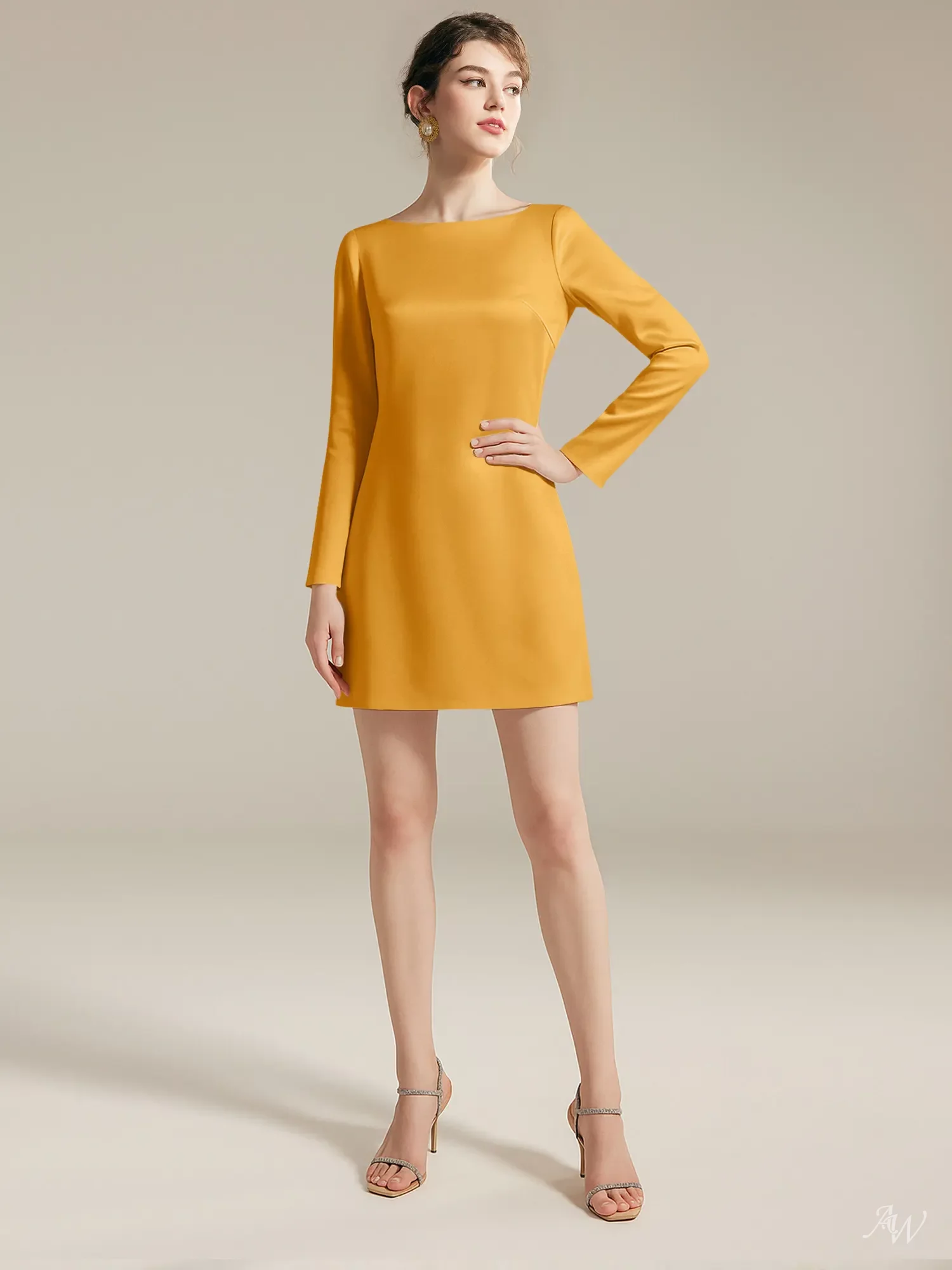 AW.Bridal A-Line Bateau Neckline Mini/Short Long Sleeves Satin Cowl Back Graduation Dresses Mango Size 18
