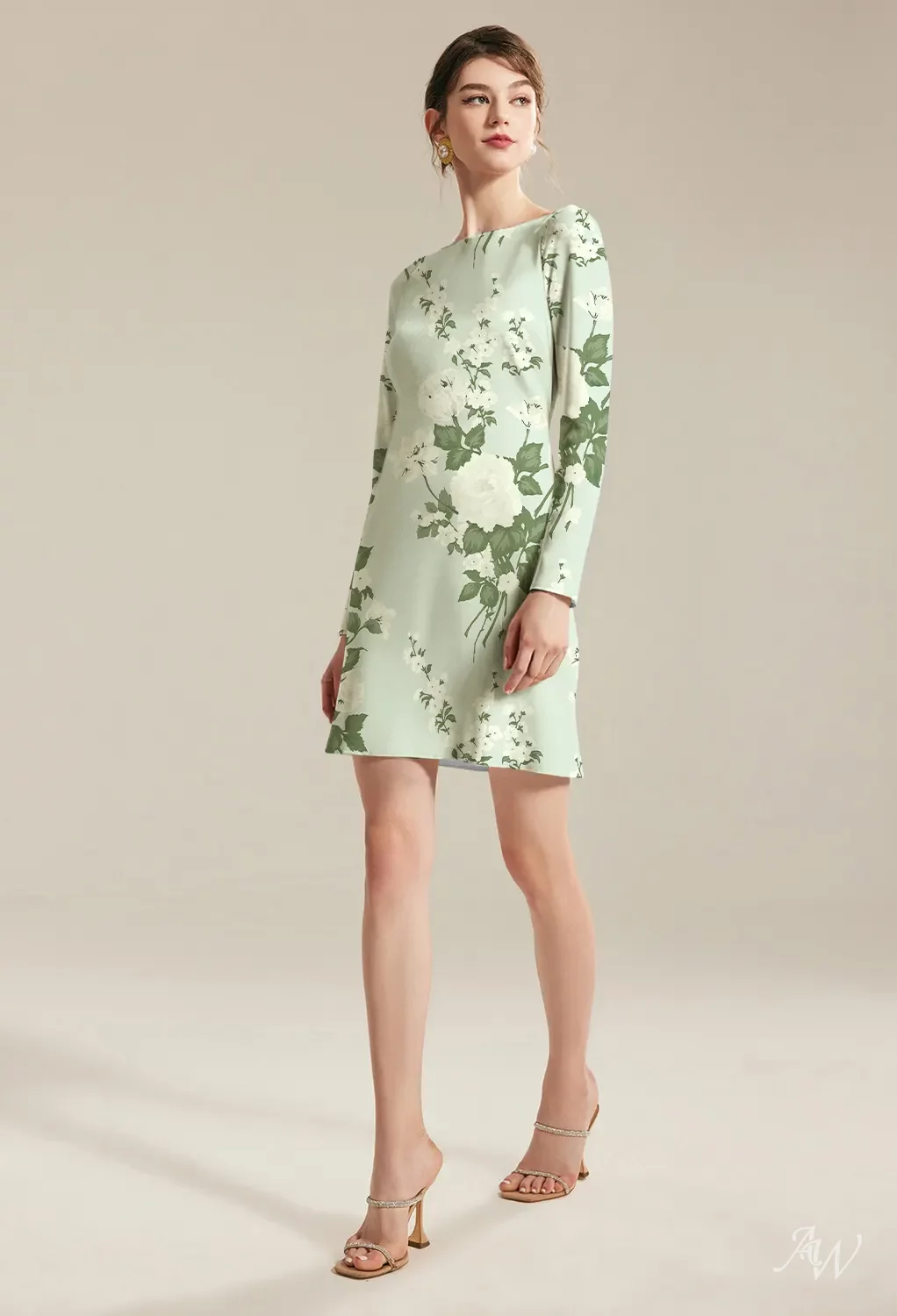 AW.Bridal A-Line Bateau Neckline Mini/Short Long Sleeves Satin Cowl Back Floral Graduation Dresses Floral Dress Mottled Moss Green Size 18