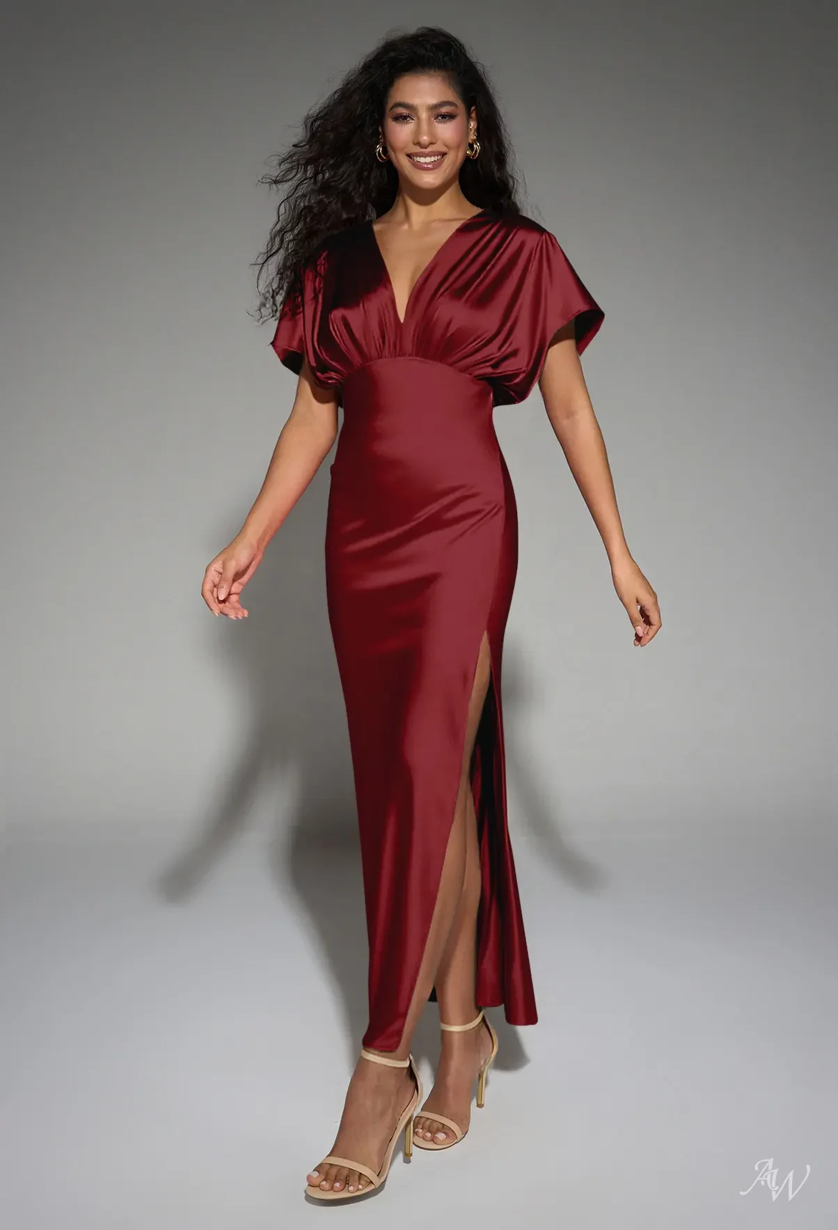 AW Valeria Dress, Pearl Pink Satin Charmeuse Ankle Length V-Neck Bridesmaid Dresses