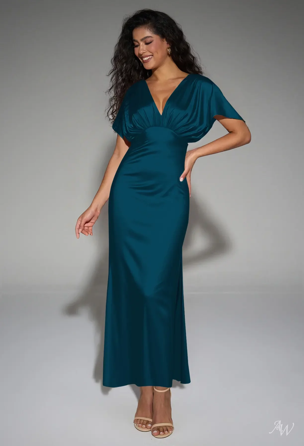 charmeuse deep v-neck a-line bridesmaid dress AW.Bridal Ankle Length Short Sleeves Satin Ruching Split Long Dresses Lake Size 4 Size:US 24 W charity event Jcpenney Clearance Dresses Jcpenney's Made from satin charmeuse