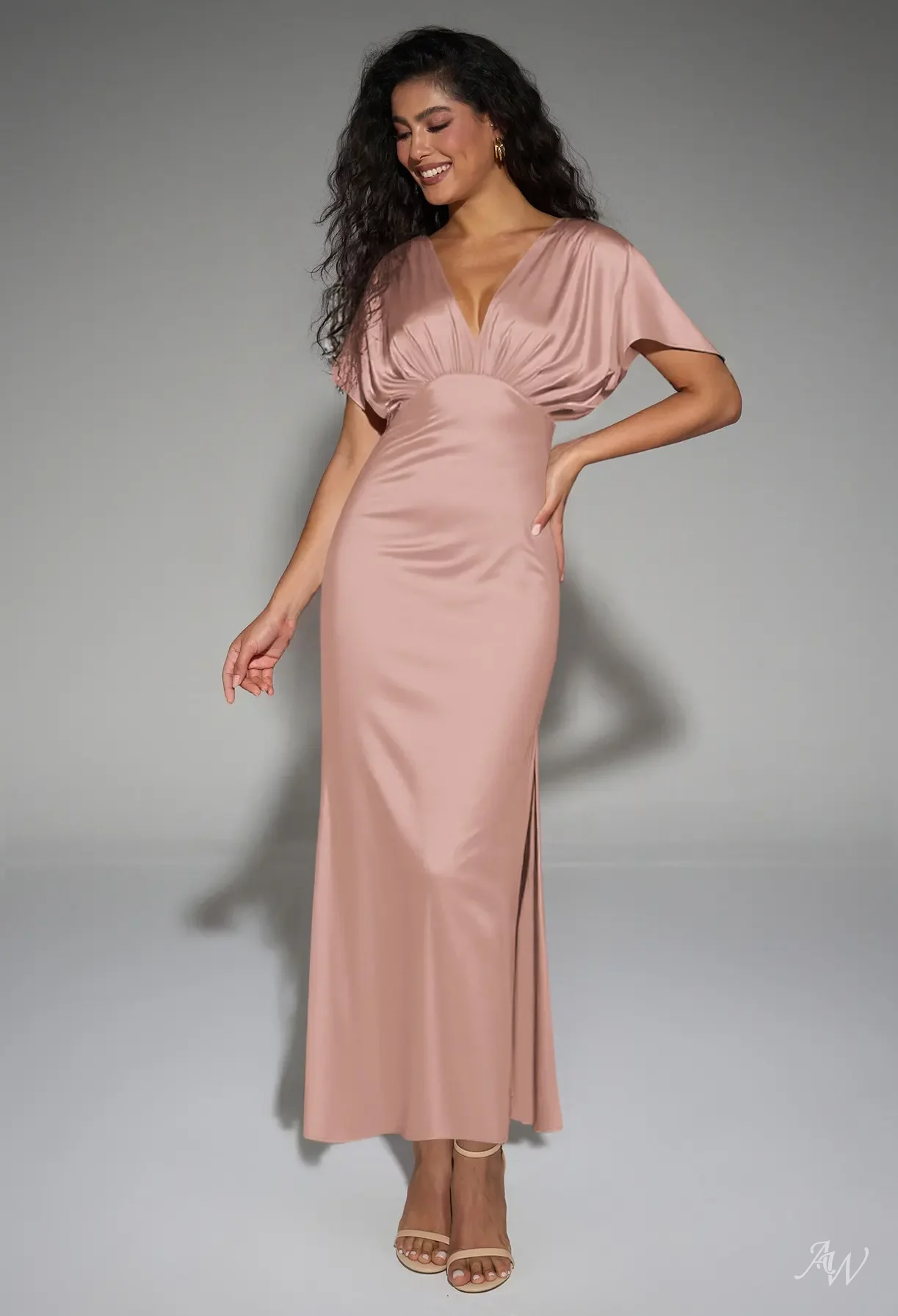 AW Valeria Dress, Pearl Pink Satin Charmeuse Ankle Length V-Neck Bridesmaid  Dresses