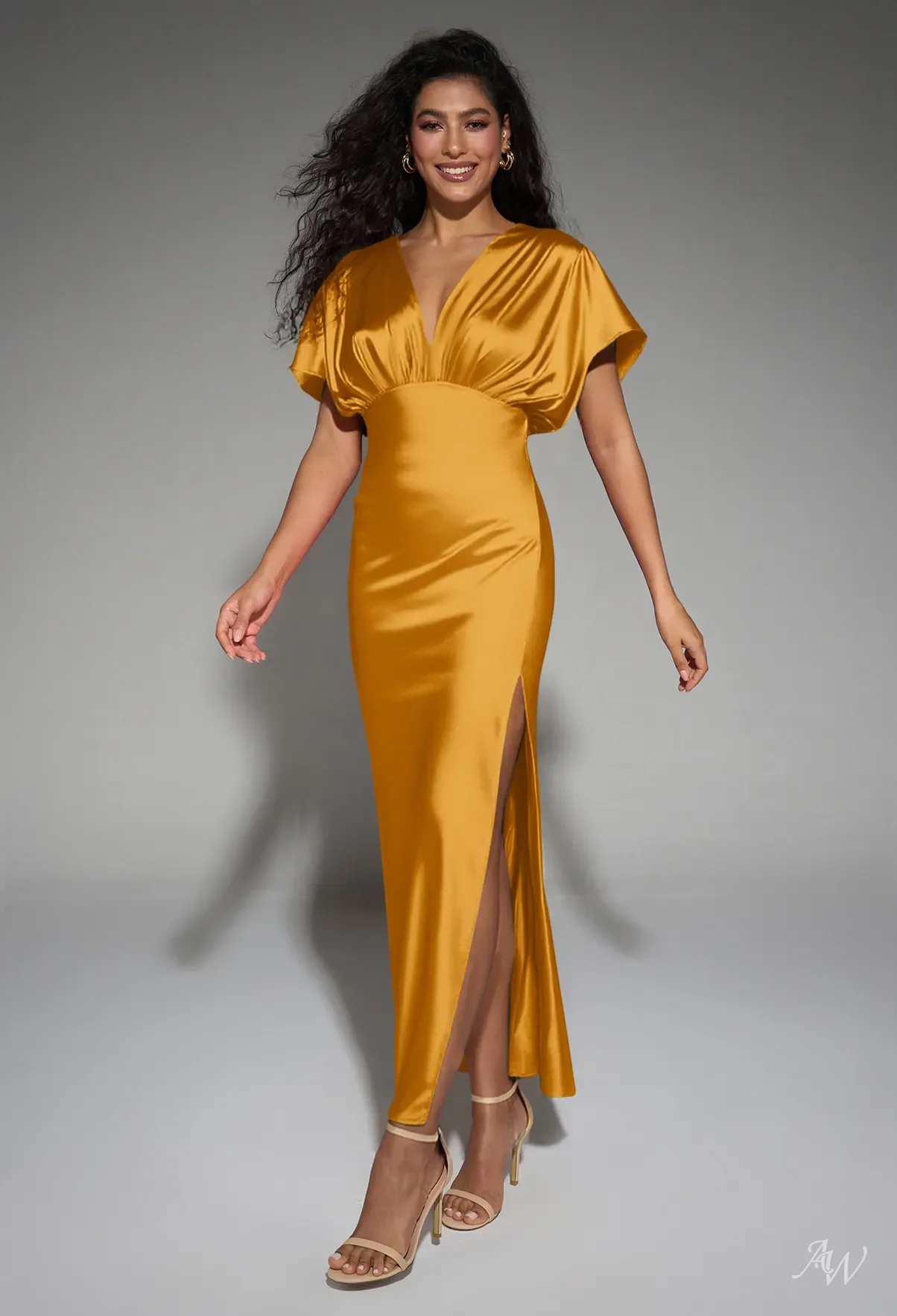 AW Valeria Dress, Pearl Pink Satin Charmeuse Ankle Length V-Neck Bridesmaid  Dresses | AW.Bridal