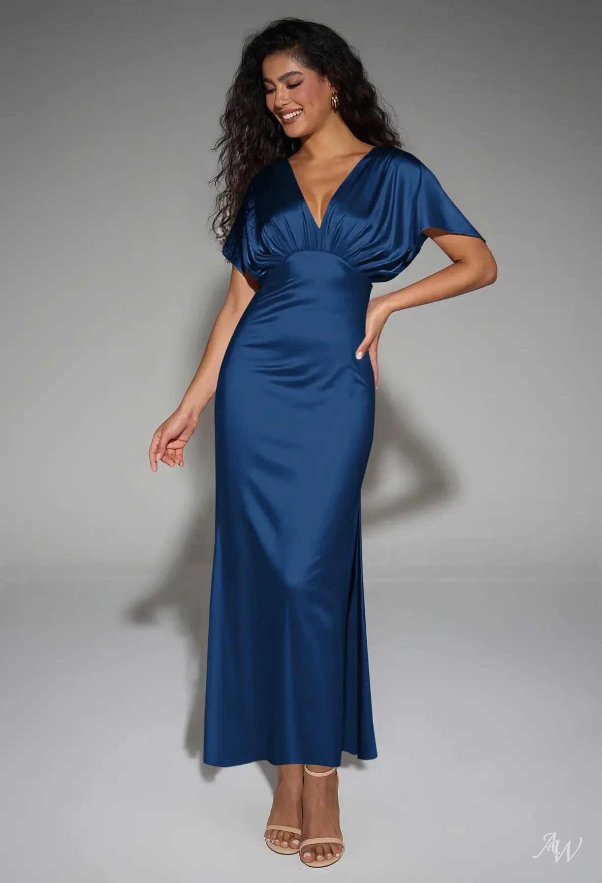 navy blue a line bridesmaid dresses AW.Bridal A-line V-Neck Ankle Length Short Sleeves Satin Ruching Split Long Dress Size 18 YGroup_14934381035885 neckline creates a graceful Backless Dress? Then you Rental type:3 days