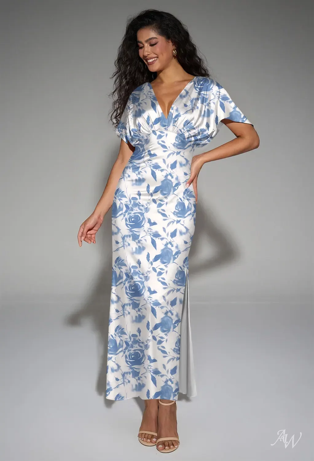 fantasy bridal bridesmaid dresses AW.Bridal A-line V-Neck Ankle Length Short Sleeves Satin Ruching Split Floral Floral Dress Oceanic Rose Size 8 Dramatic Sleeves The skirt fitted to Black Sparkle Mini Dress Select Size:4-5Y | Pre-Order