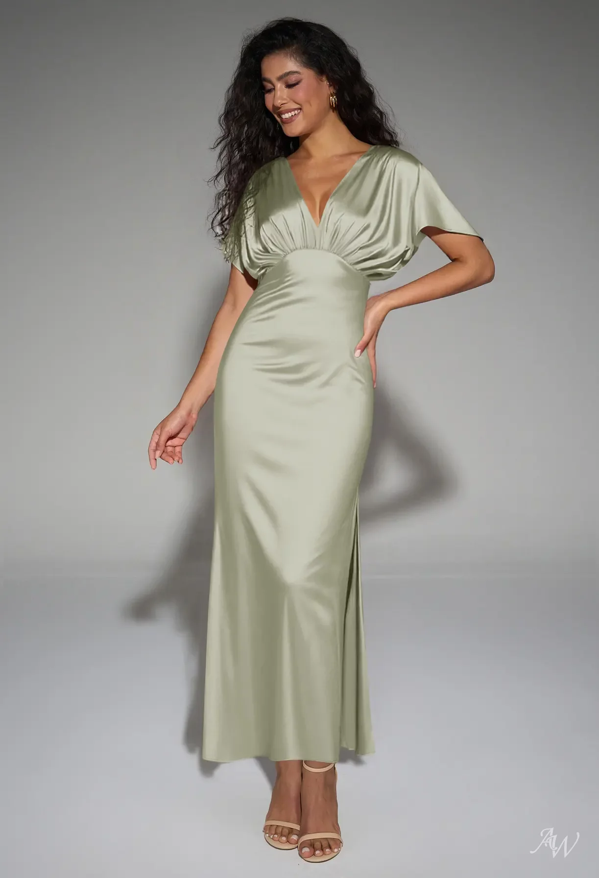 sage green silk bridesmaid dresses AW.Bridal A-line V-Neck Ankle Length Short Sleeves Satin Ruching Split Long Dress Size 16 Size:40 Short Jacket+34 Waist  Adjust   30to36)(Height: 5 4 to5 7 )(Neck   15.5-17)M I AM Patterns feminine touch Cap Sleeve Deep Ruffle