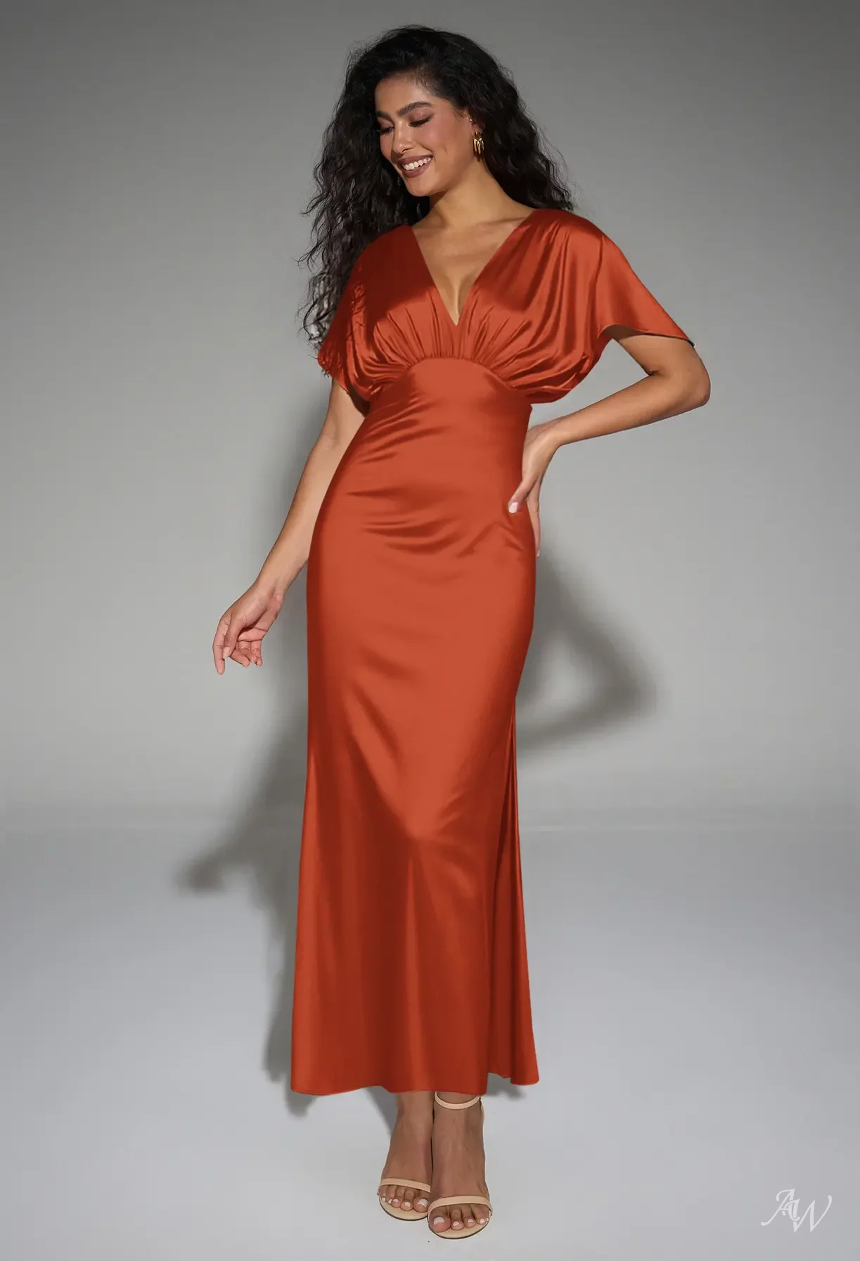tangerine bridesmaid dresses AW.Bridal A-line V-Neck Ankle Length Short Sleeves Satin Ruching Split Long Dress Size 8 Square Sleeves style_Evening Dress Black And White Market Size:J12