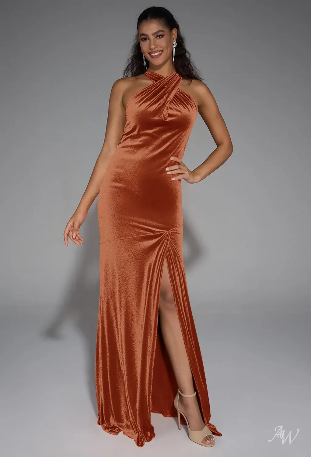 floor length burnt orange dress Azazie Liah