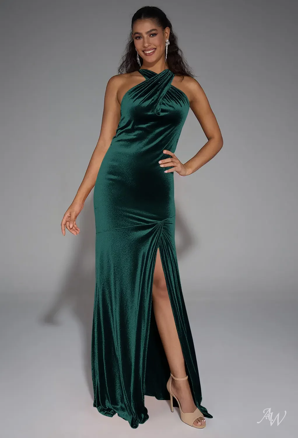 AW.Bridal Mermaid Halter Neckline Floor Length Sleeveless Backless Split Wedding Guest Dresses Dress Hunter Green Size 4