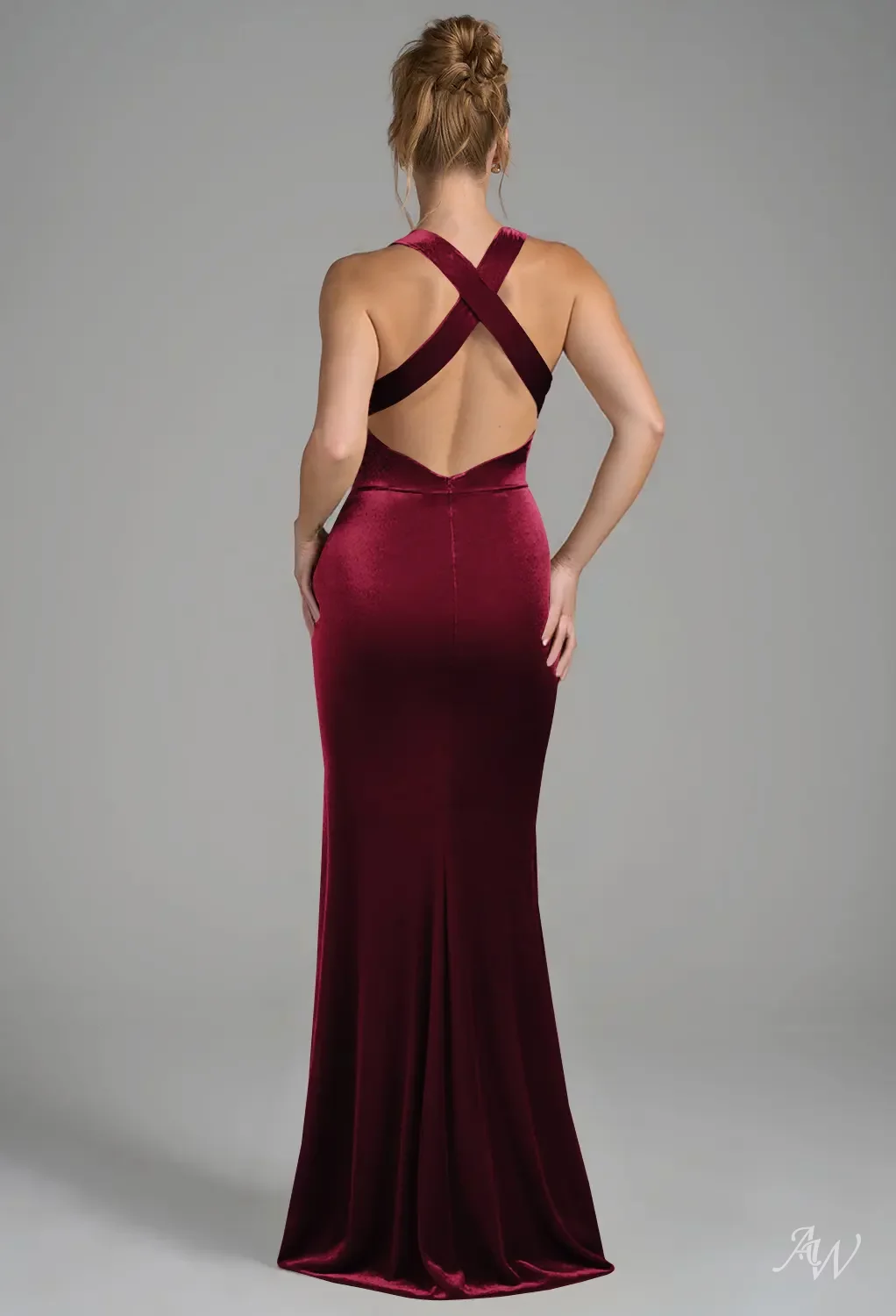 AW.Bridal Mermaid V-Neck Floor Length Sleeveless Split Crisscross Back Long Bridesmaid Dresses Dress Burgundy Size 18