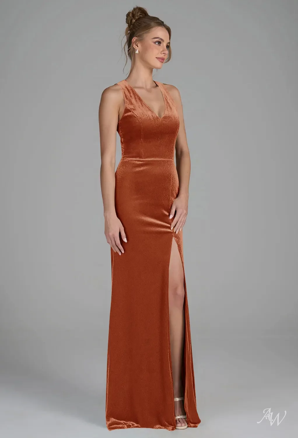AW.Bridal Mermaid V-Neck Floor Length Sleeveless Split Crisscross Back Long Bridesmaid Dresses Dress Burnt Orange Size 4