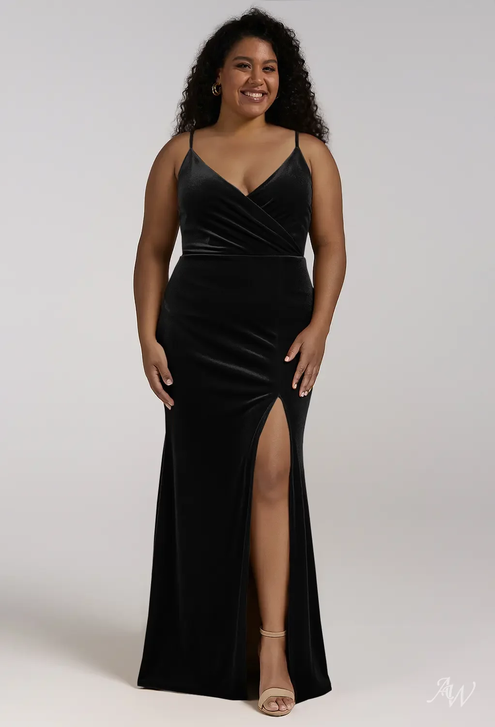 AW.Bridal Mermaid Halter Neckline Floor Length Sleeveless Spaghetti Straps Ruching Split Long Bridesmaid Dresses Dress Black Size 6