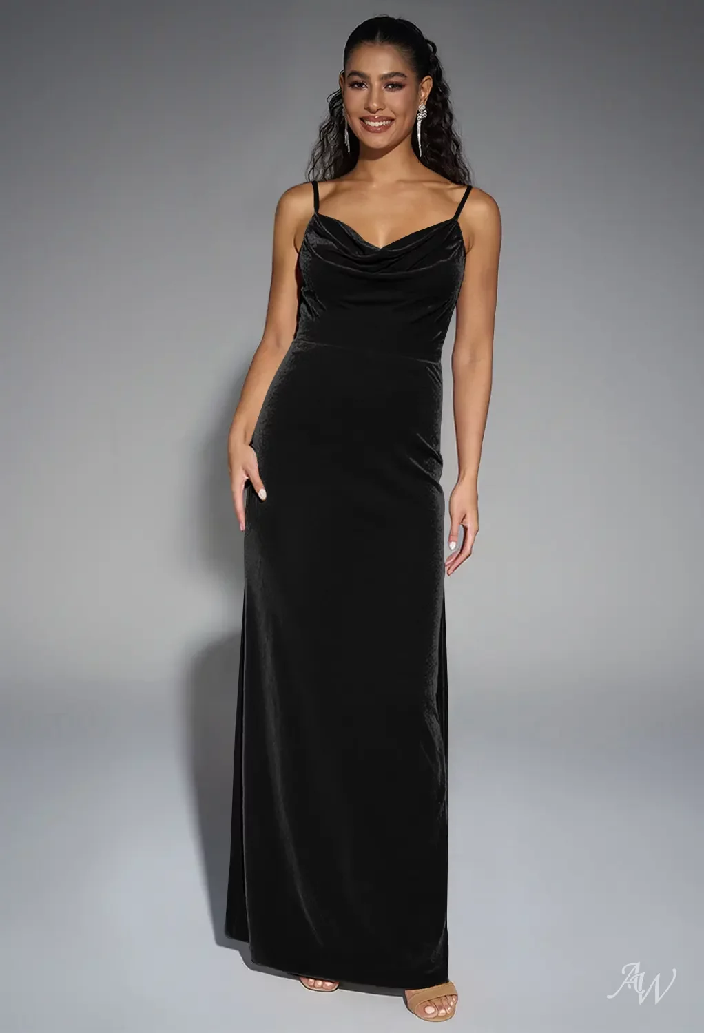 AW.Bridal Mermaid V-Neck Floor Length Sleeveless Spaghetti Straps Backless Cowl Back Long Bridesmaid Dresses Dress Black Size 16