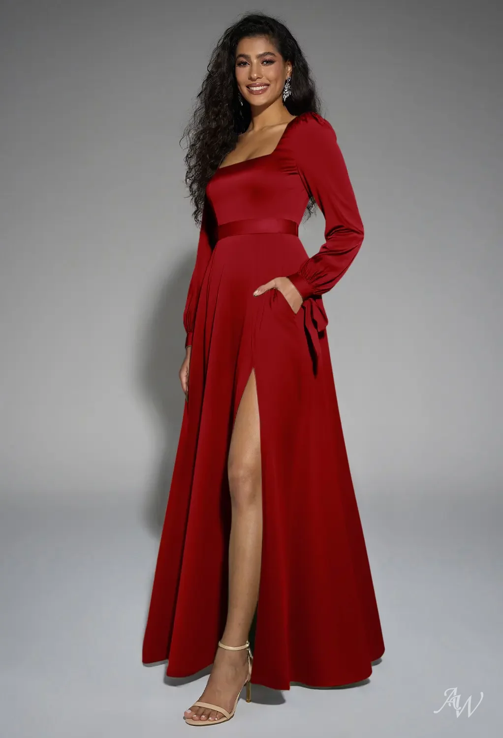 AW.Bridal A-line Square Neckline Floor Length Long Sleeves Puff Sleeves Satin Split Long Bridesmaid Dresses Dress Deep Claret Size 4