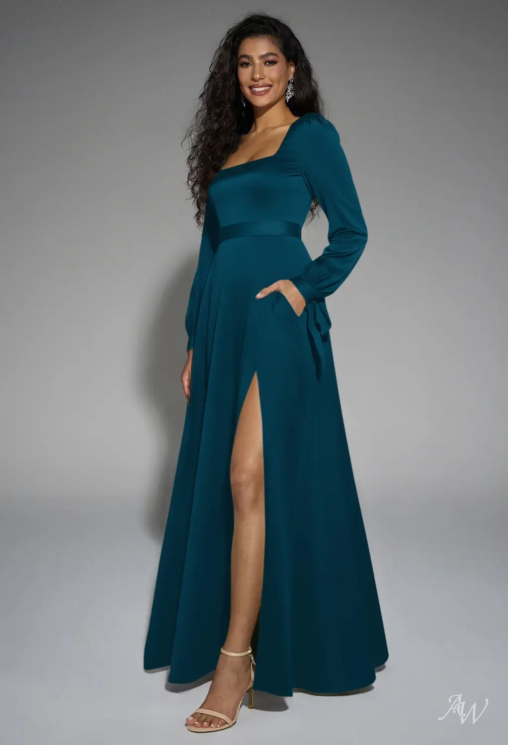 AW.Bridal A-line Square Neckline Floor Length Long Sleeves Puff Sleeves Satin Split Long Bridesmaid Dresses Deep Lake Size 18