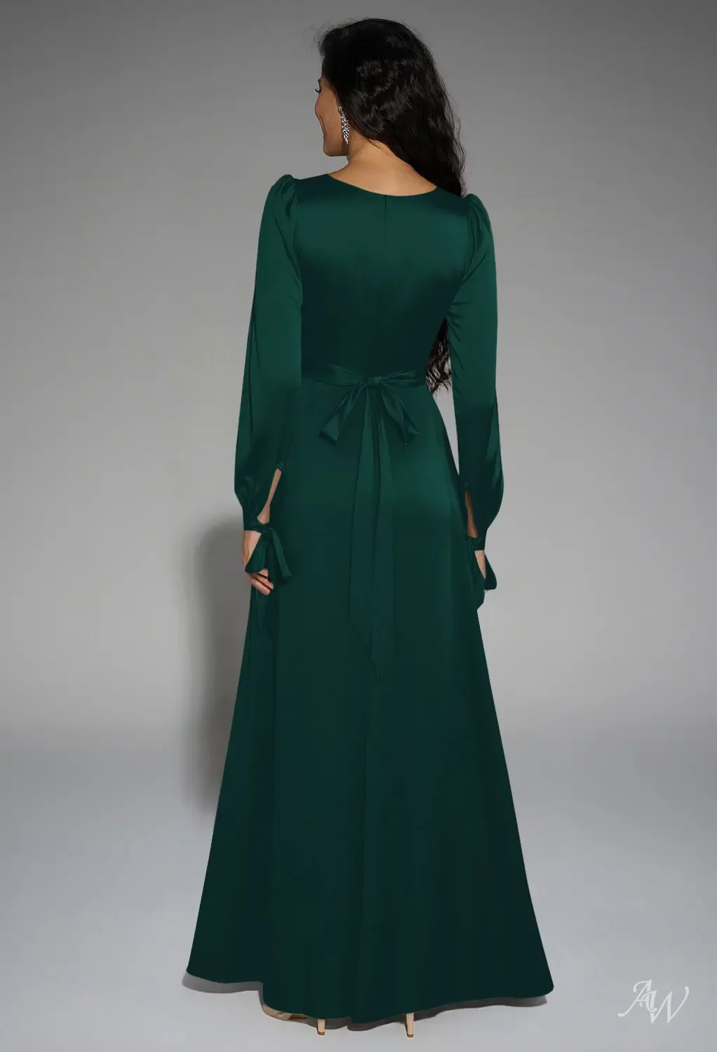 hunter green long sleeve bridesmaid dresses Wedtrend Women Agave Long Bridesmaid Dress with Long Sleeves A Line Round  Neck Satin Wedding Party Dress – WEDTREND main image 0