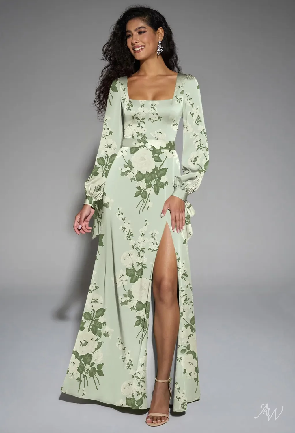 AW.Bridal A-line Square Neckline Floor Length Long Sleeves Puff Sleeves Satin Split Floral Bridesmaid Dresses Mottled Moss Green Size 8