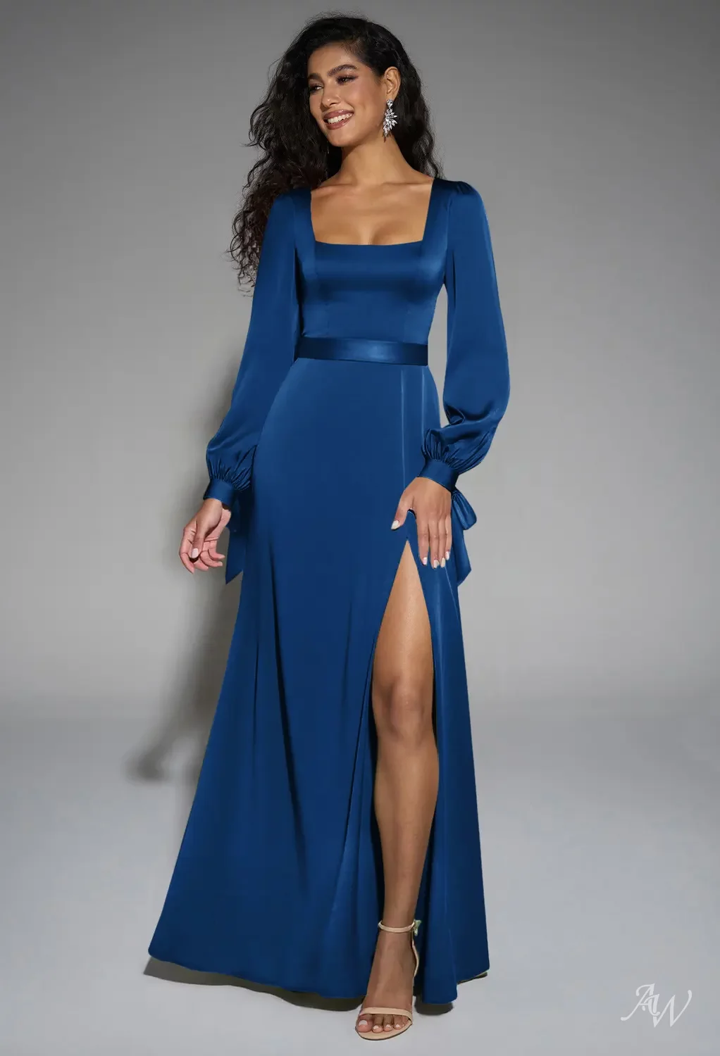 AW.Bridal A-line Square Neckline Floor Length Long Sleeves Puff Sleeves Satin Split Long Bridesmaid Dresses Navy Size 4