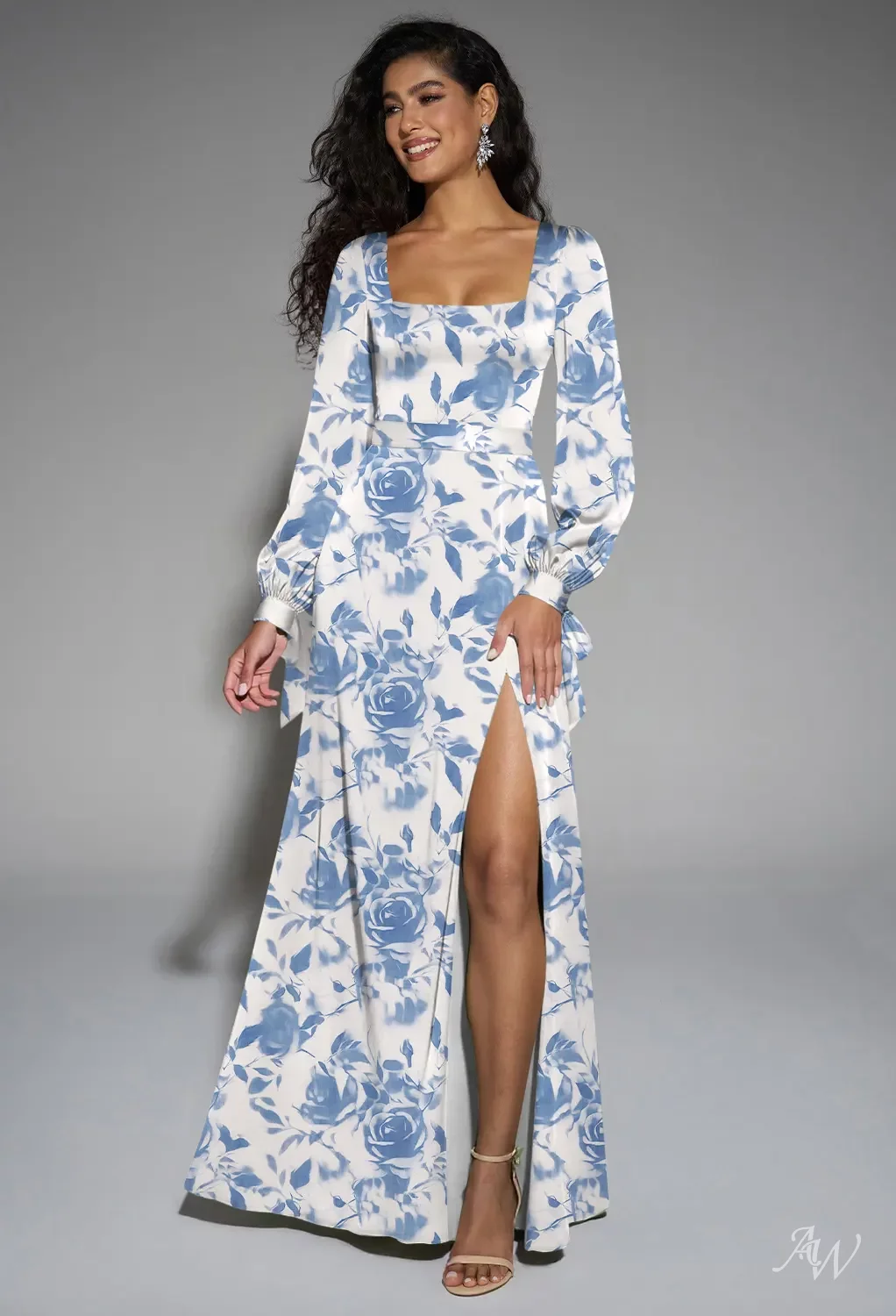 AW.Bridal A-line Square Neckline Floor Length Long Sleeves Puff Sleeves Satin Split Floral Bridesmaid Dresses Oceanic Fantasy Rose Size 8