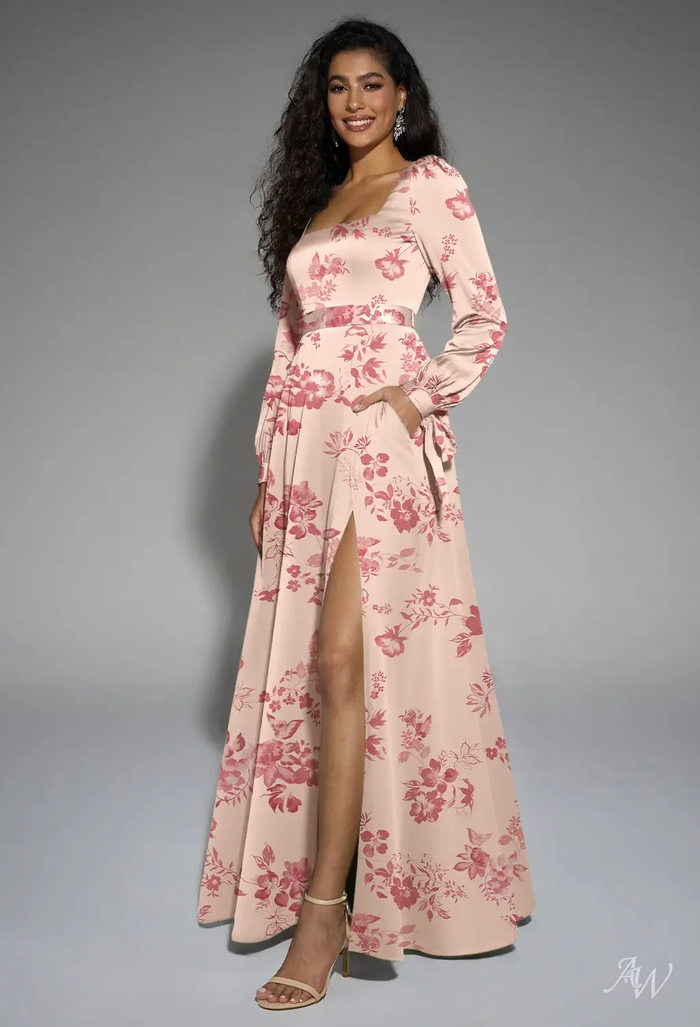 pink pattern bridesmaid dress Ava Presley 29528 Long Ruffle Ballgown Prom Dress Crystal Bodice Pagea –  Glass Slipper Formals main image 1