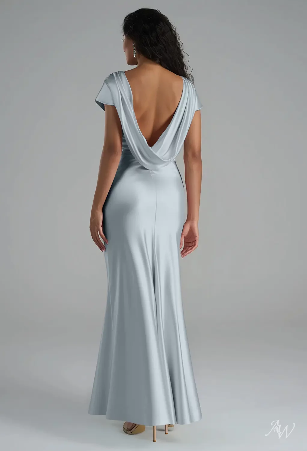 baby bridesmaid dresses AW.Bridal Mermaid Bateau Neckline Floor Length Short Sleeves Satin Backless Cowl Back Long Dress Blue Size 6 Baby wedding guest outfit