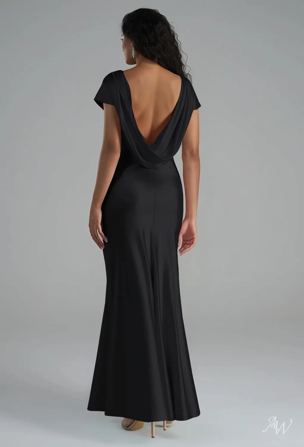 AW.Bridal Mermaid Bateau Neckline Floor Length Short Sleeves Satin Backless Cowl Back Long Bridesmaid Dresses Dress Black Metallic Size 4