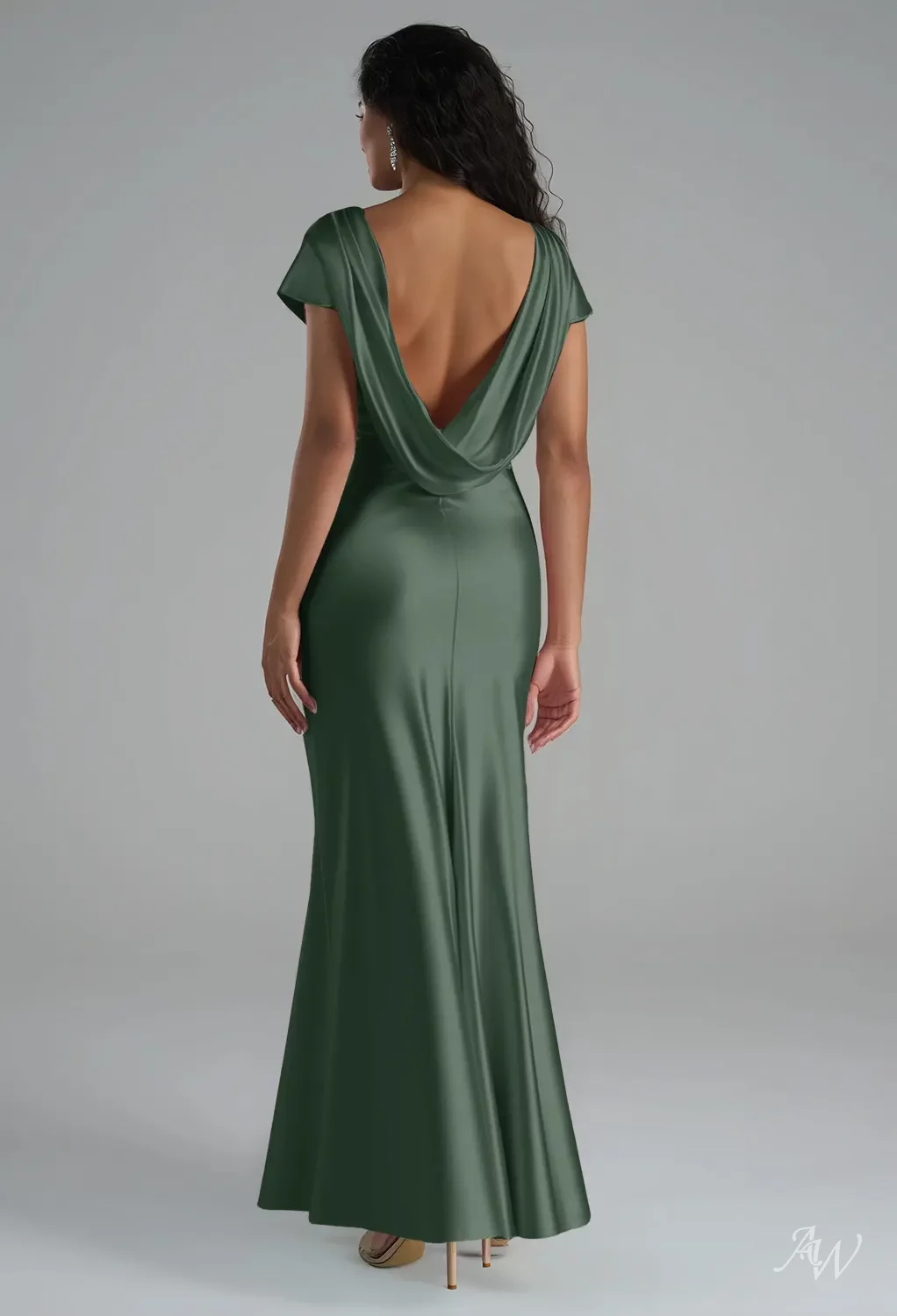 charcoal grey short bridesmaid dresses AW.Bridal Mermaid Bateau Neckline Floor Length Sleeves Satin Backless Cowl Back Long Dress Dark Olive Size 18 elbow sleeve dress