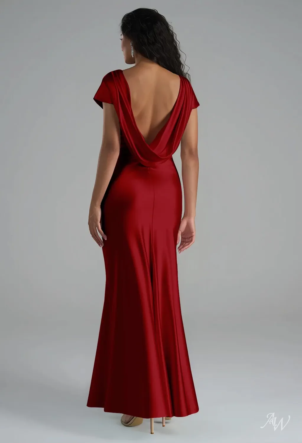 claret red bridesmaid dresses AW.Bridal Mermaid Bateau Neckline Floor Length Short Sleeves Satin Backless Cowl Back Long Dress Deep Size 6 Size:S | Black Onyx Celebrate your friends big DR4508 Ombre White Blue Wedding
