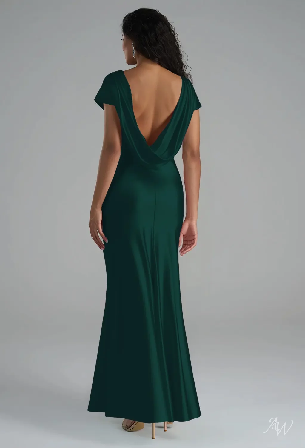 AW.Bridal Mermaid Bateau Neckline Floor Length Short Sleeves Satin Backless Cowl Back Long Bridesmaid Dresses Dress Hunter Green Size 18