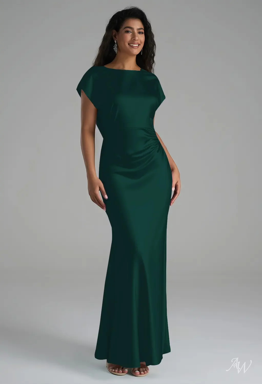 lacey green dress AW.Bridal Mermaid Bateau Neckline Floor Length Short Sleeves Satin Backless Cowl Back Long Bridesmaid Dresses Dress Hunter Green Size 18