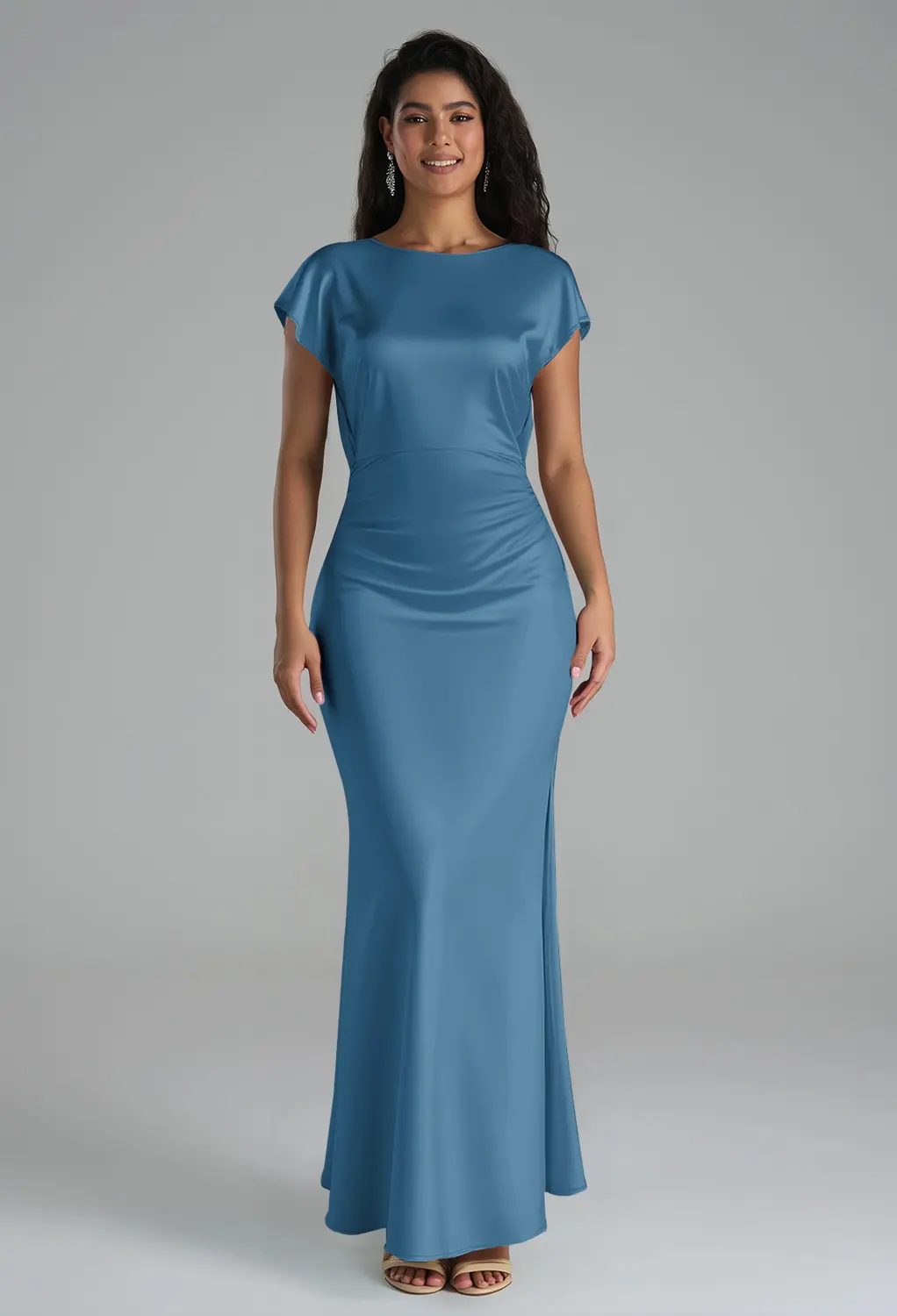 ink blue satin dress Duntery Pleated A-Line Satin Long Bridesmaid Dresses With Pockets, Dark-Navy