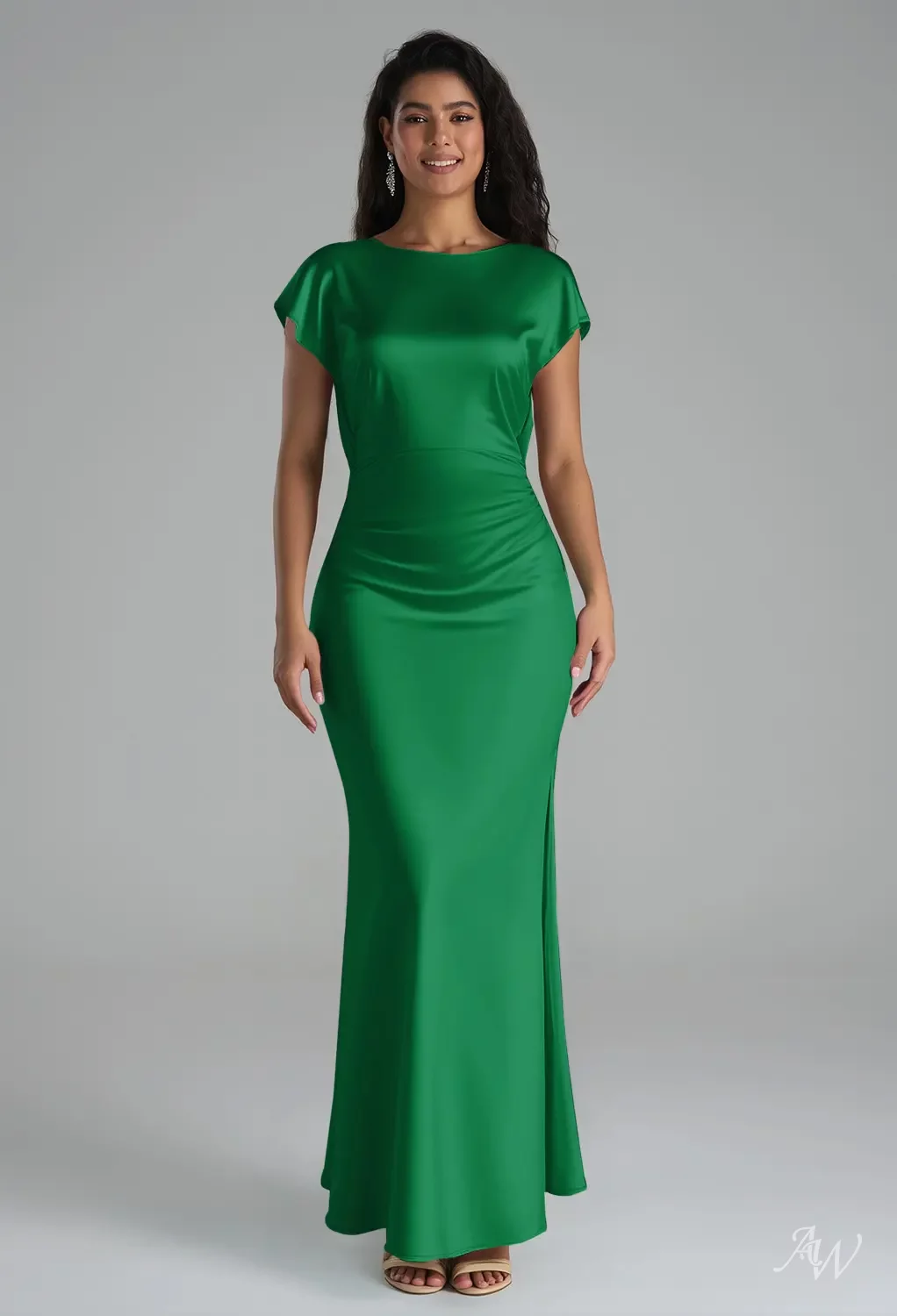 AW.Bridal Mermaid Bateau Neckline Floor Length Short Sleeves Satin Backless Cowl Back Long Bridesmaid Dresses Dress Jolly Green Size 6