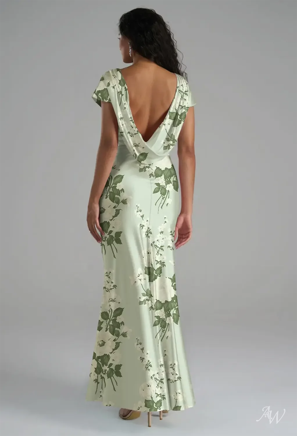 AW.Bridal Mermaid Bateau Neckline Short Sleeves Satin Backless Cowl Back Floral Bridesmaid Dresses Floral Dress Mottled Moss Green Size 16