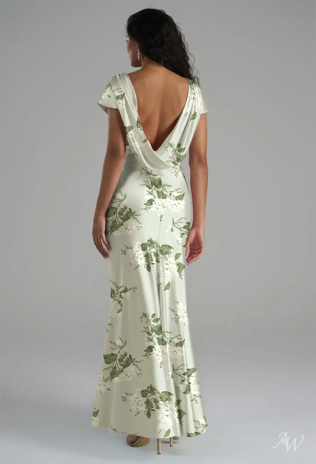 AW.Bridal Mermaid Bateau Neckline Floor Length Short Sleeves Satin Backless Cowl Back Floral Bridesmaid Dresses Floral Dress Sage Garden Party Size 8
