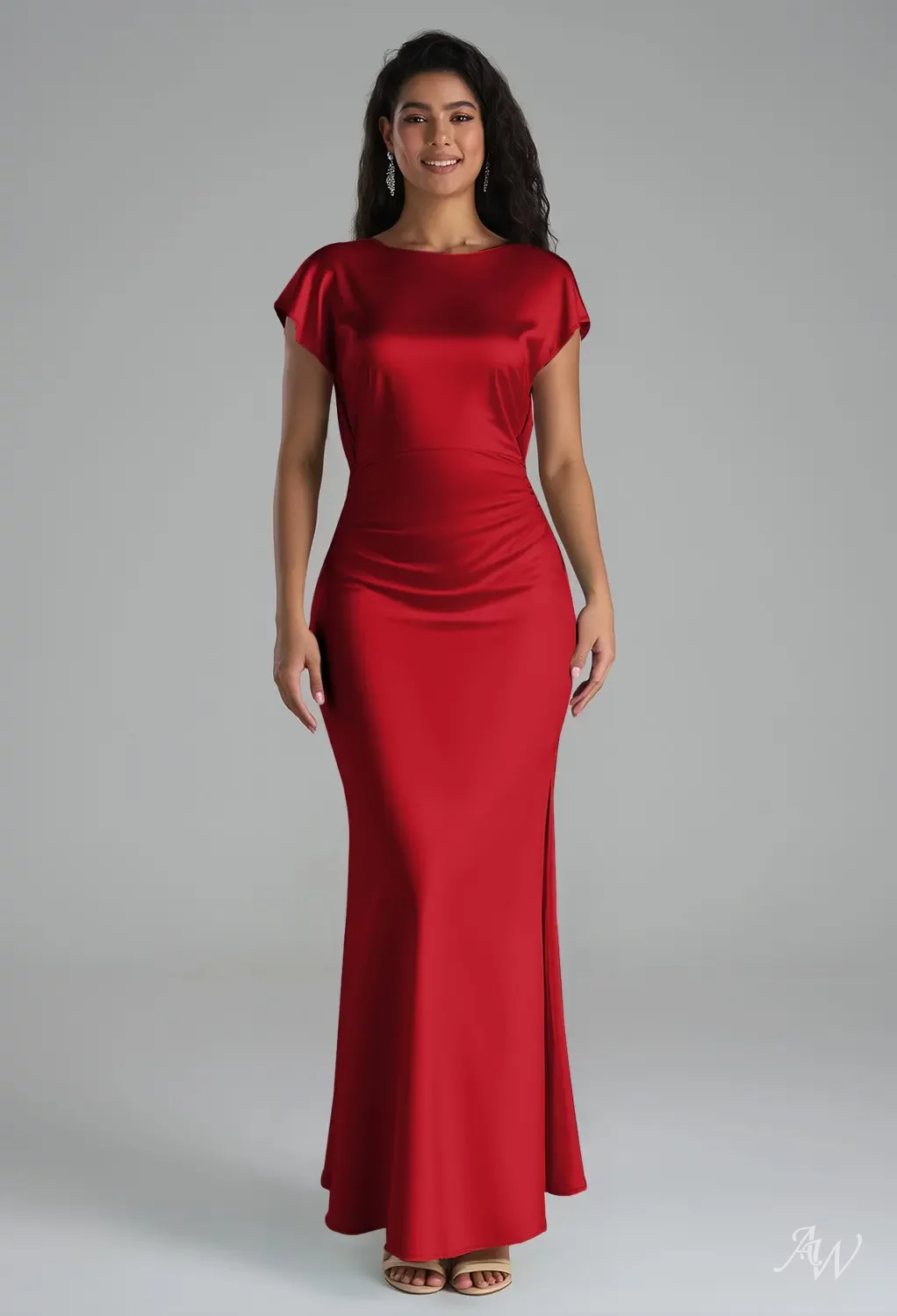 lacey red dress AW.Bridal Mermaid Bateau Neckline Floor Length Short Sleeves Satin Backless Cowl Back Long Bridesmaid Dresses Dress Tango Red Size 18