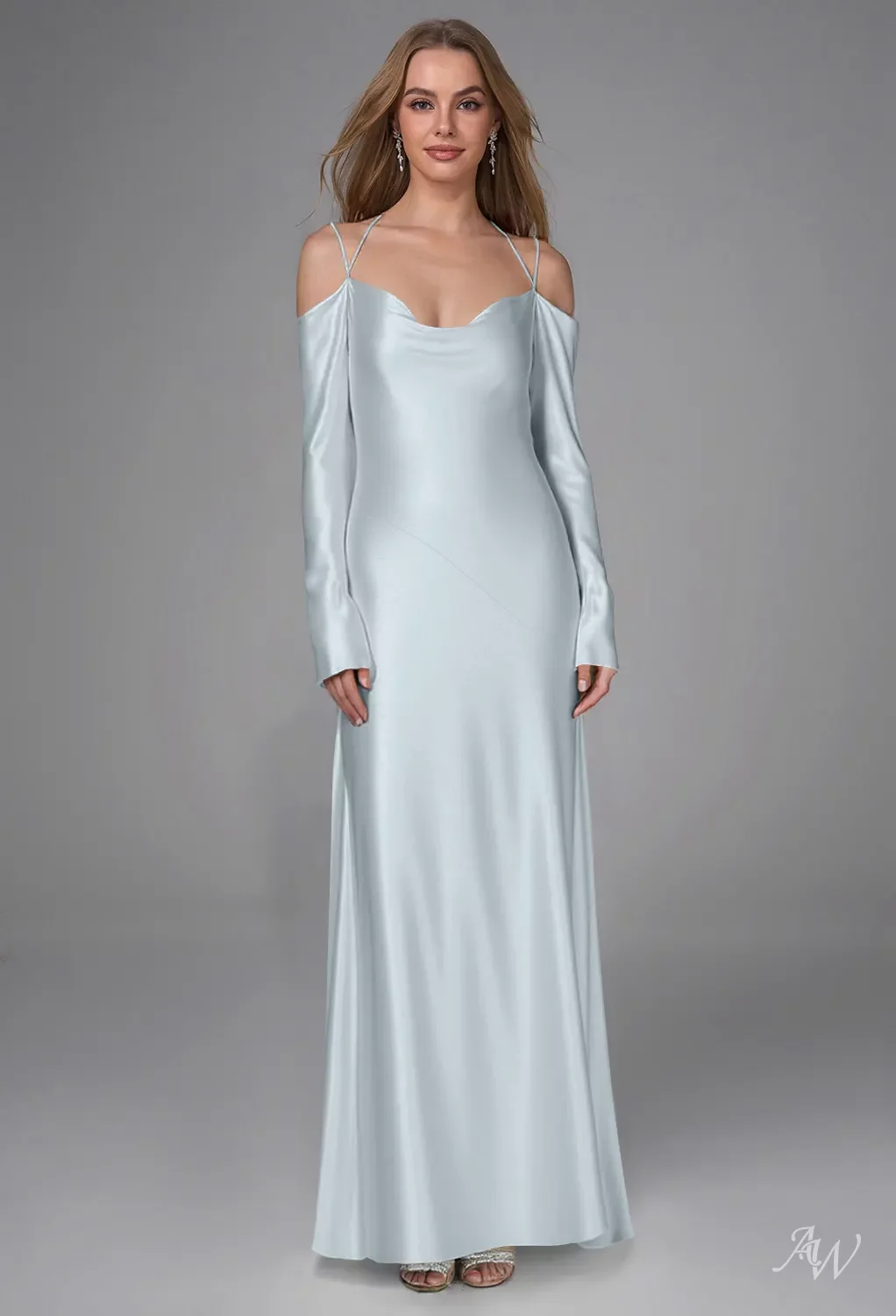 AW.Bridal Mermaid Cowl Neckline Floor Length Long Sleeves Spaghetti Straps Satin Long Bridesmaid Dresses Dress Baby Blue Size 8