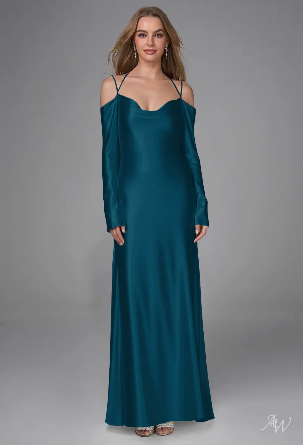 AW.Bridal Mermaid Cowl Neckline Floor Length Long Sleeves Spaghetti Straps Satin Long Bridesmaid Dresses Dress Deep Lake Size 18