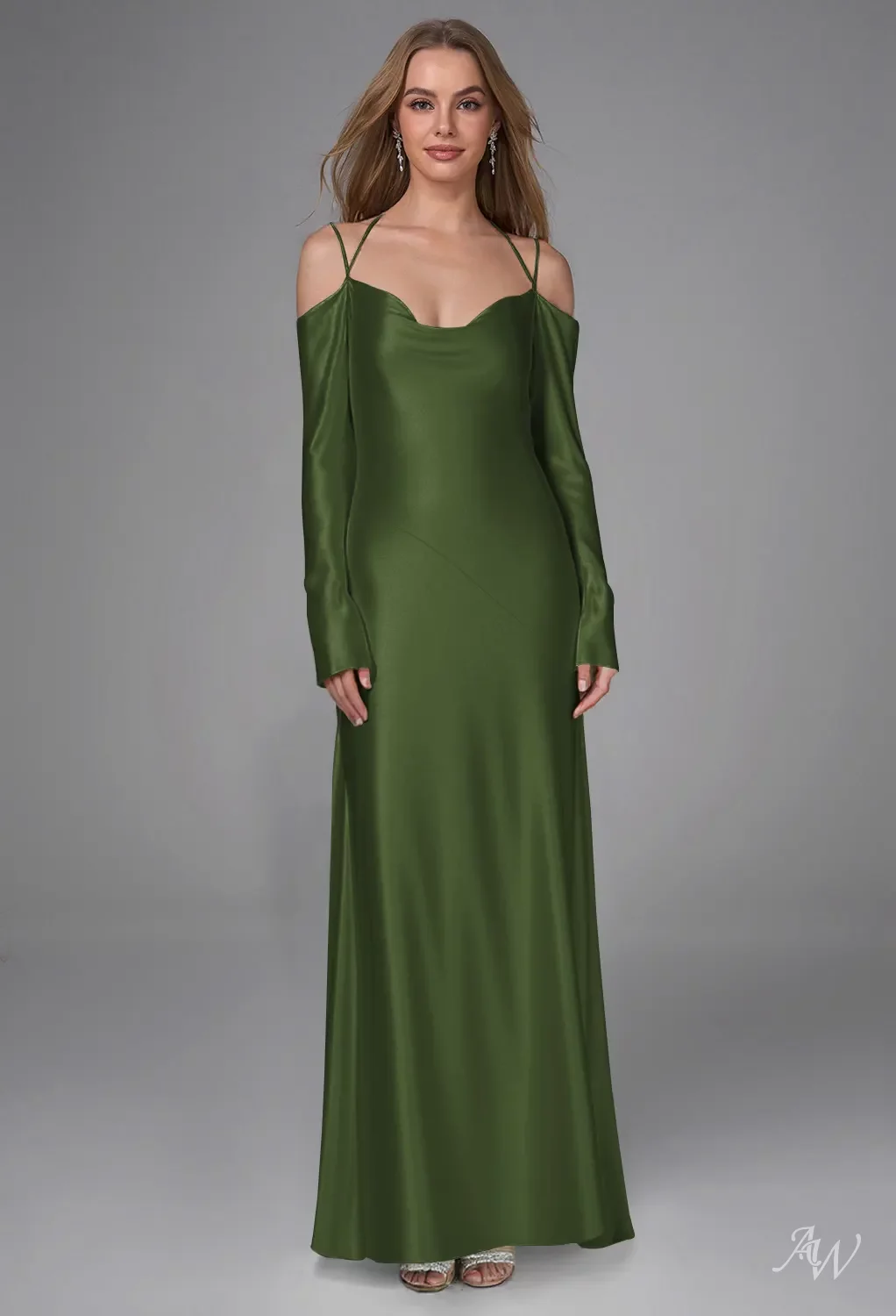 AW.Bridal Mermaid Cowl Neckline Floor Length Long Sleeves Spaghetti Straps Satin Long Bridesmaid Dresses Dress Green Olive Size 6
