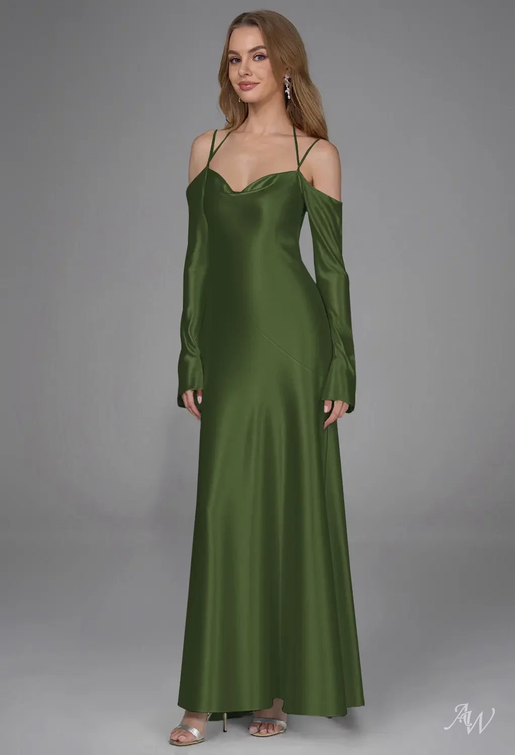 olive green cowl neck dress Ladivine 7446 Elegant A-line Formal Satin Ballgown Espresso / 2