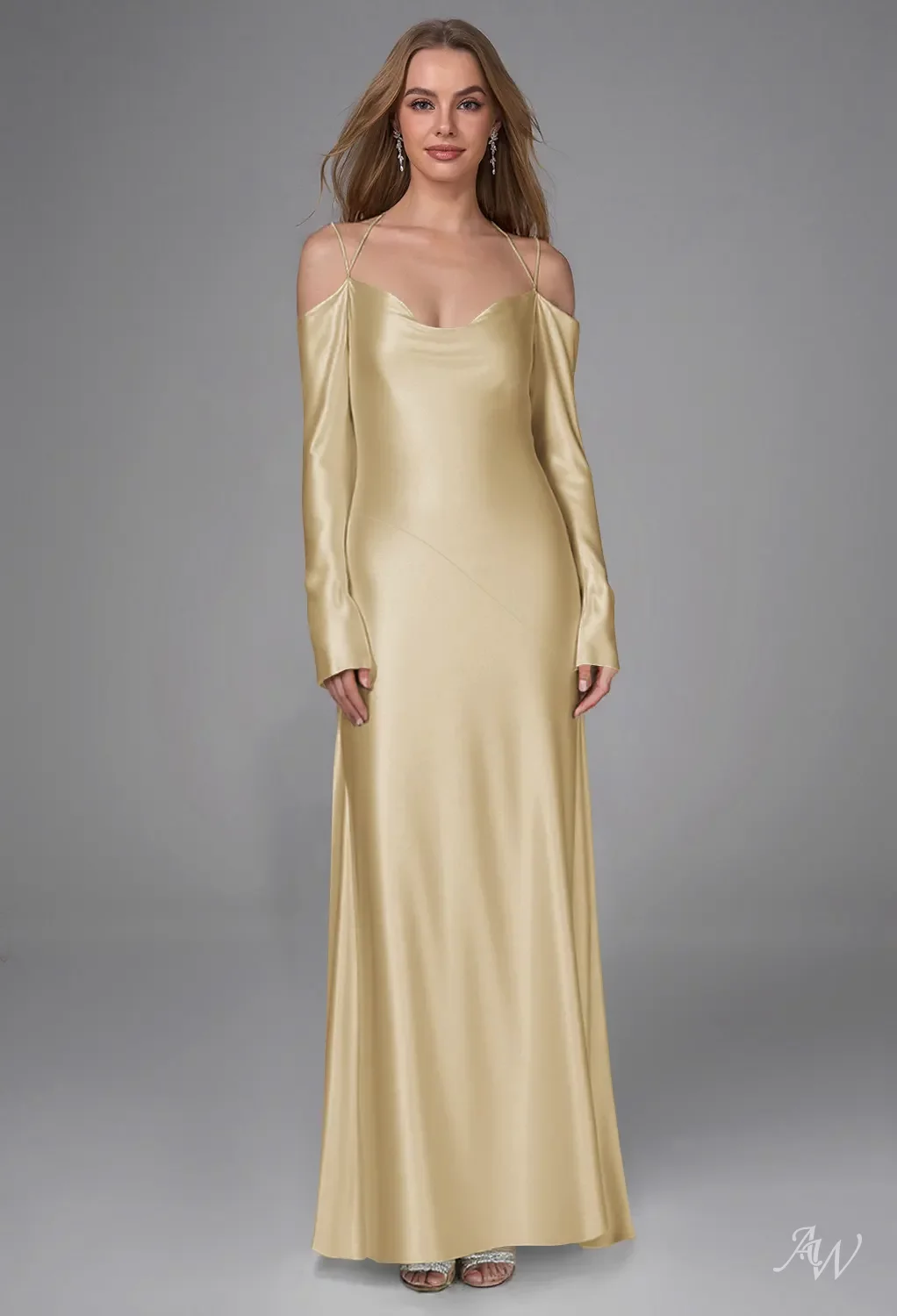 AW.Bridal Mermaid Cowl Neckline Floor Length Long Sleeves Spaghetti Straps Satin Long Bridesmaid Dresses Dress Light Gold Size 8