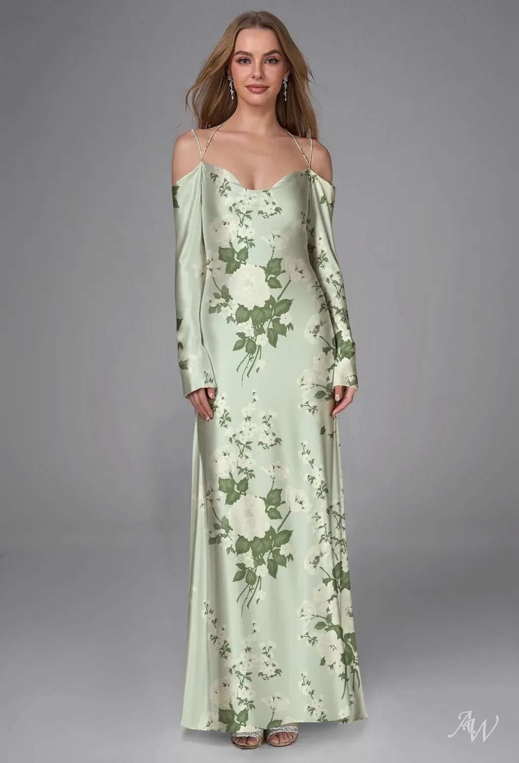 moss green bridesmaid dresses AW.Bridal Mermaid Cowl Neckline Floor Length Long Sleeves Spaghetti Straps Satin Floral Floral Dress Mottled Size 16 Black Cotton Poplin A-Line