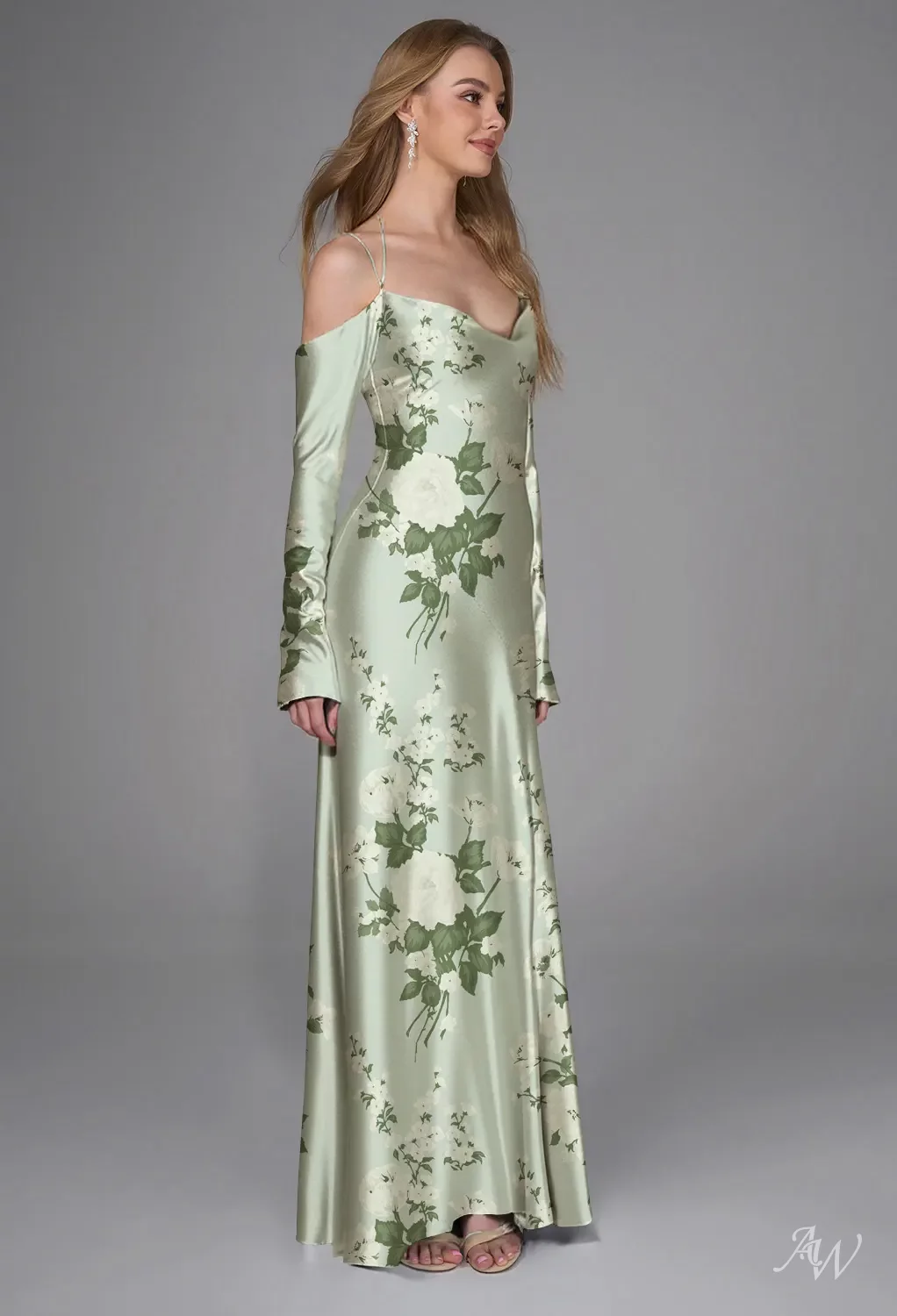 AW.Bridal Mermaid Cowl Neckline Floor Length Long Sleeves Spaghetti Straps Satin Floral Bridesmaid Dresses Floral Dress Mottled Moss Green Size 18