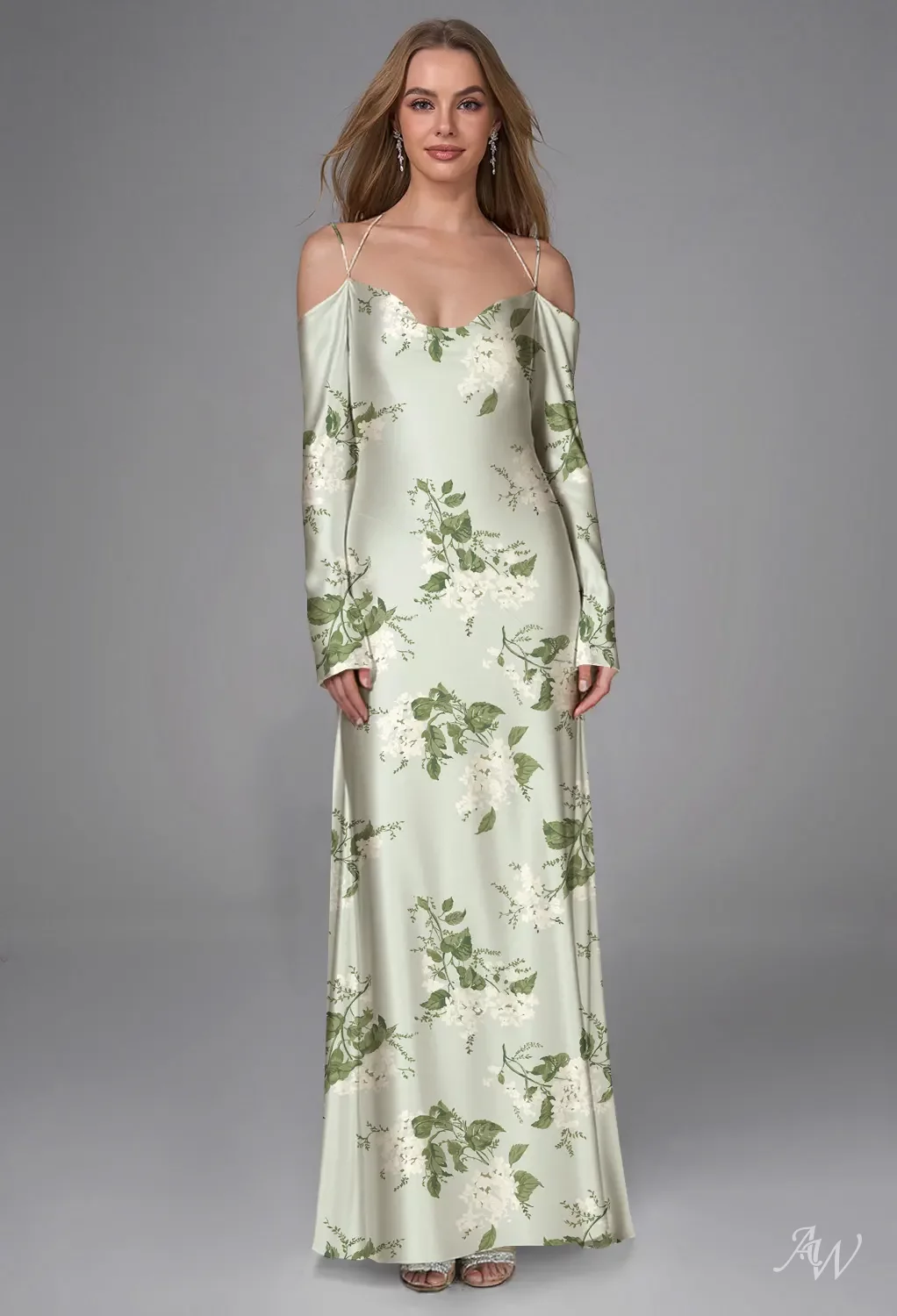sage and champagne bridesmaid dresses AW Lassie Dress, Satin Charmeuse Floor Length Cowl Neckline Olive green bridesmaid