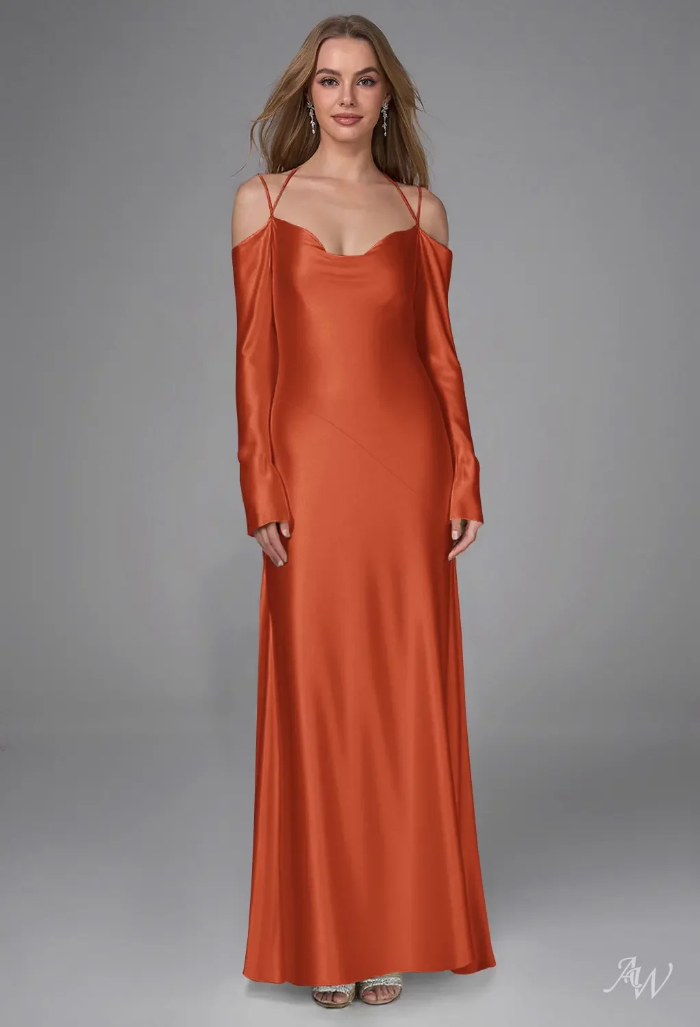 charmeuse cowl neck bridesmaid dress Peach Cowl Neck Spaghetti Strap Slit Charmeuse Column Bridesmaid Dress main image 0
