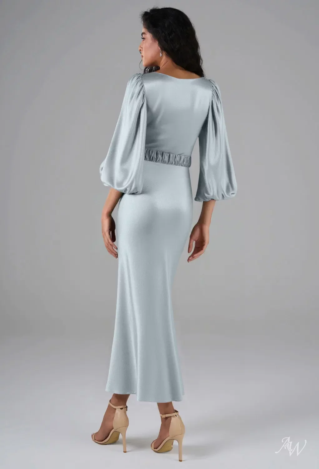 teal tea length bridesmaid dresses AW.Bridal Mermaid Bateau Neckline Puff Sleeves Satin Long Dress Baby Blue Size 6 Short Sleeves Back Category - Heels Simple Blue Satin A-line Size:M (15-15.5 / 34-35)