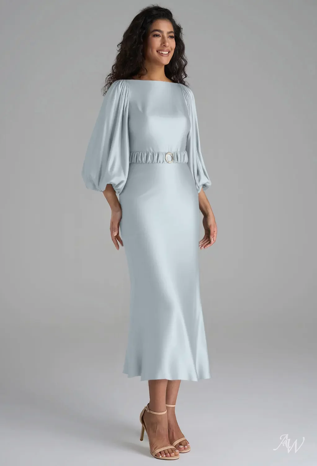 teal tea length bridesmaid dresses AW.Bridal Mermaid Bateau Neckline Puff Sleeves Satin Long Dress Baby Blue Size 6 Size:size 4 no train
