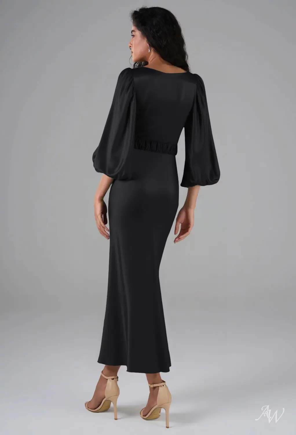 AW.Bridal Mermaid Bateau Neckline Tea Length Puff Sleeves Satin Long Bridesmaid Dresses Dress Black Metallic Size 4