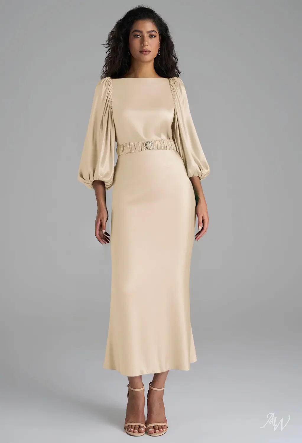 champagne satin dress with sleeves Precious Aura Champagne Satin Feather Long Sleeve Midi Dress