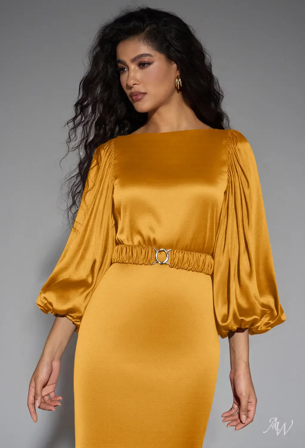 AW.Bridal Mermaid Bateau Neckline Tea Length Puff Sleeves Satin Long Bridesmaid Dresses Dress Mango Size 4