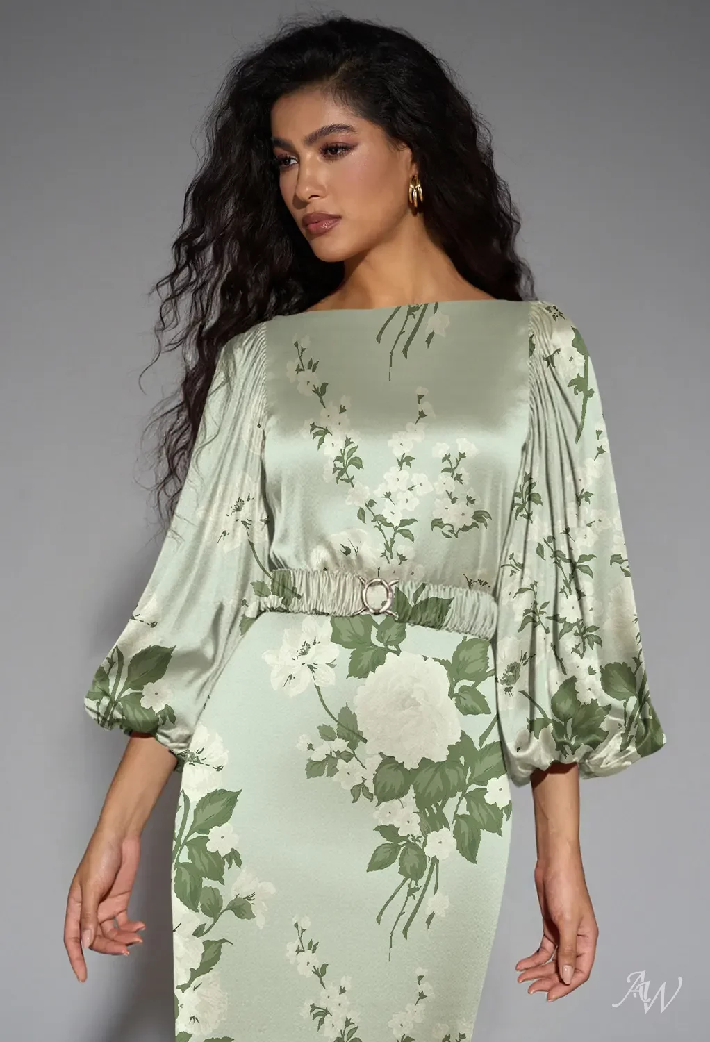 AW.Bridal Mermaid Bateau Neckline Tea Length Puff Sleeves Satin Floral Bridesmaid Dresses Floral Dress Mottled Moss Green Size 6