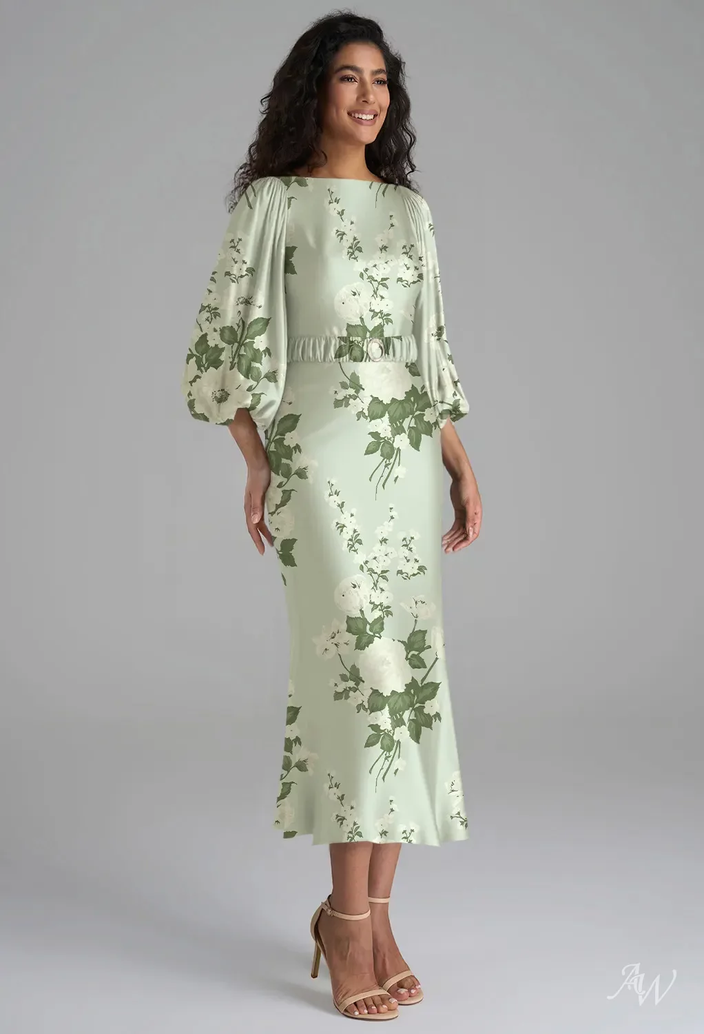 AW.Bridal Mermaid Bateau Neckline Tea Length Puff Sleeves Satin Floral Bridesmaid Dresses Floral Dress Mottled Moss Green Size 6